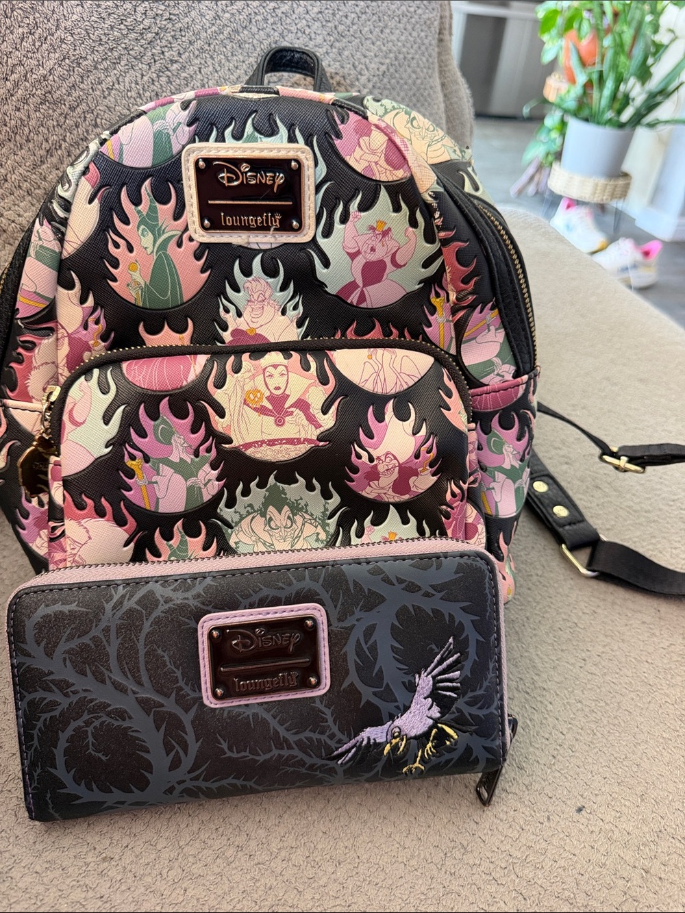 Loungefly Disney Villains Mini Backpack and Wallet in Black and Pink